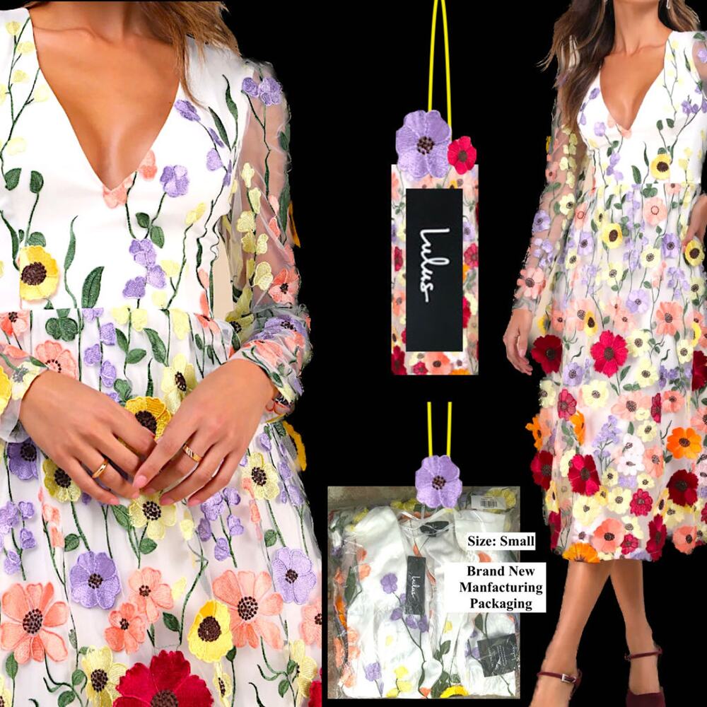 Lulus White 3D Floral Embroidered Front Back Blossom Midi Dress Size S NEW - Picture 10 of 14